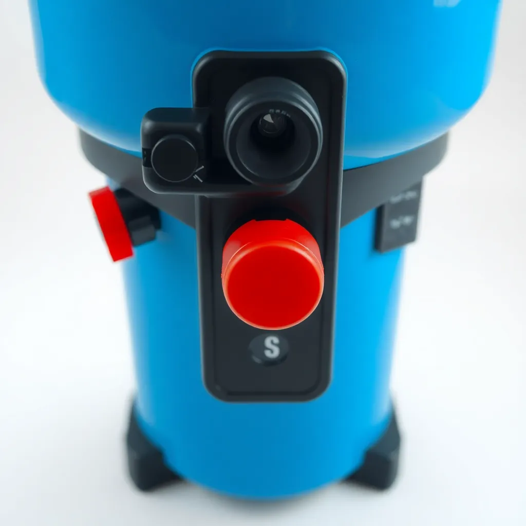 Tubo de oxígeno portátil color azul con regulador y manguera, sobre fondo blanco