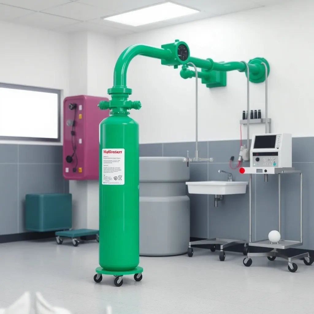 Tubo de oxígeno grande industrial para hospital color verde con valvulas de seguridad doradas